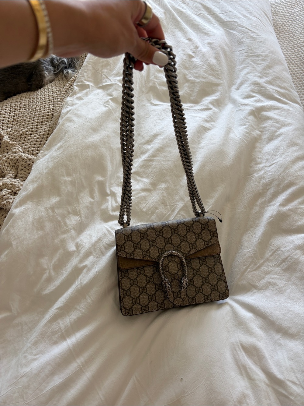 Gucci Beige Brown Monogram Shoulder Bag with Silver-Tone Chain